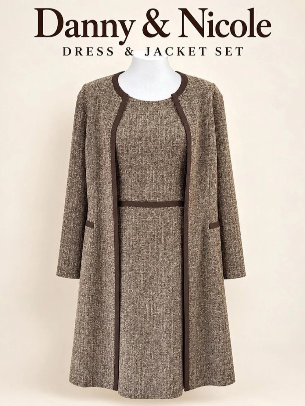 Danny & Nicole Dress & Jacket Set Brown Midi Size 16 Like New